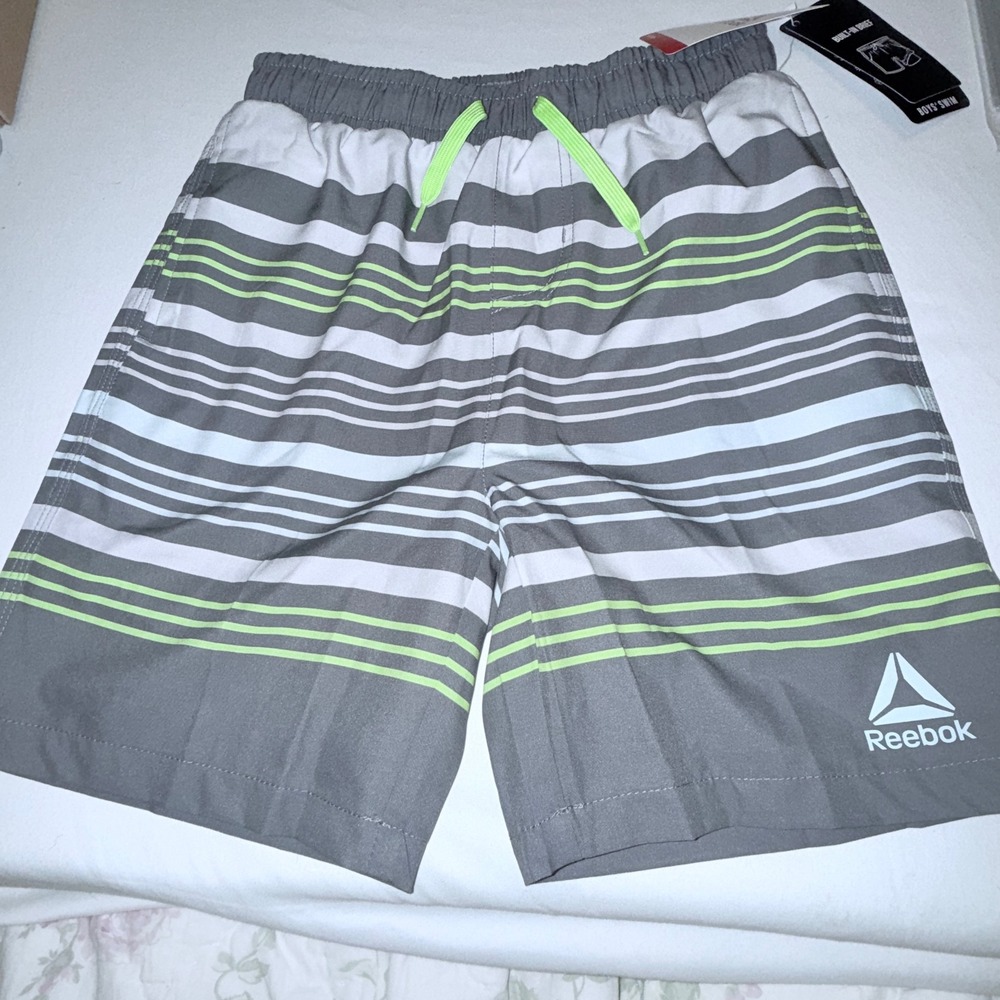 Reebok Swim Trunks Boys Size 8 Grey Striped NEW‎ Boardshorts RBPDQ2405B